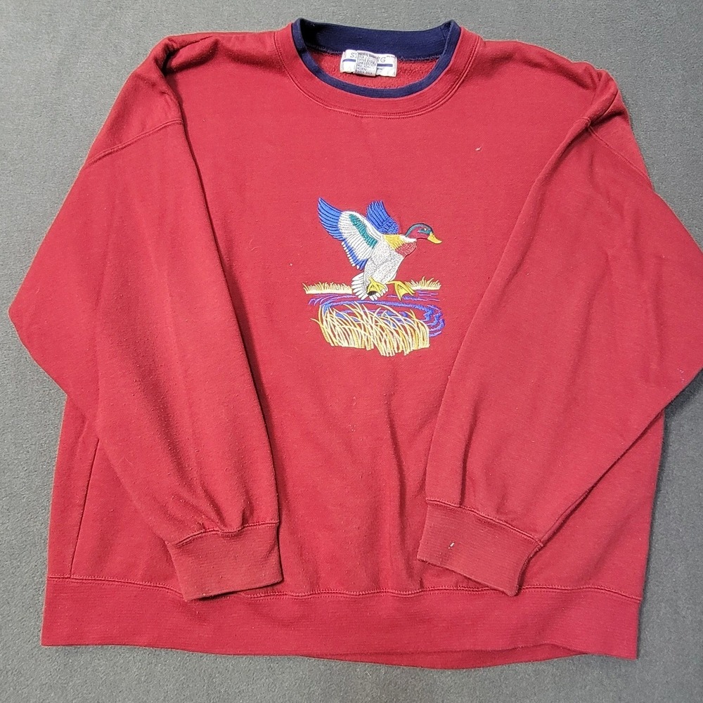 EUC Vintage Sunning Mallard Duck Embroidered Crewneck Sweatshirt Red Mens 2XL
